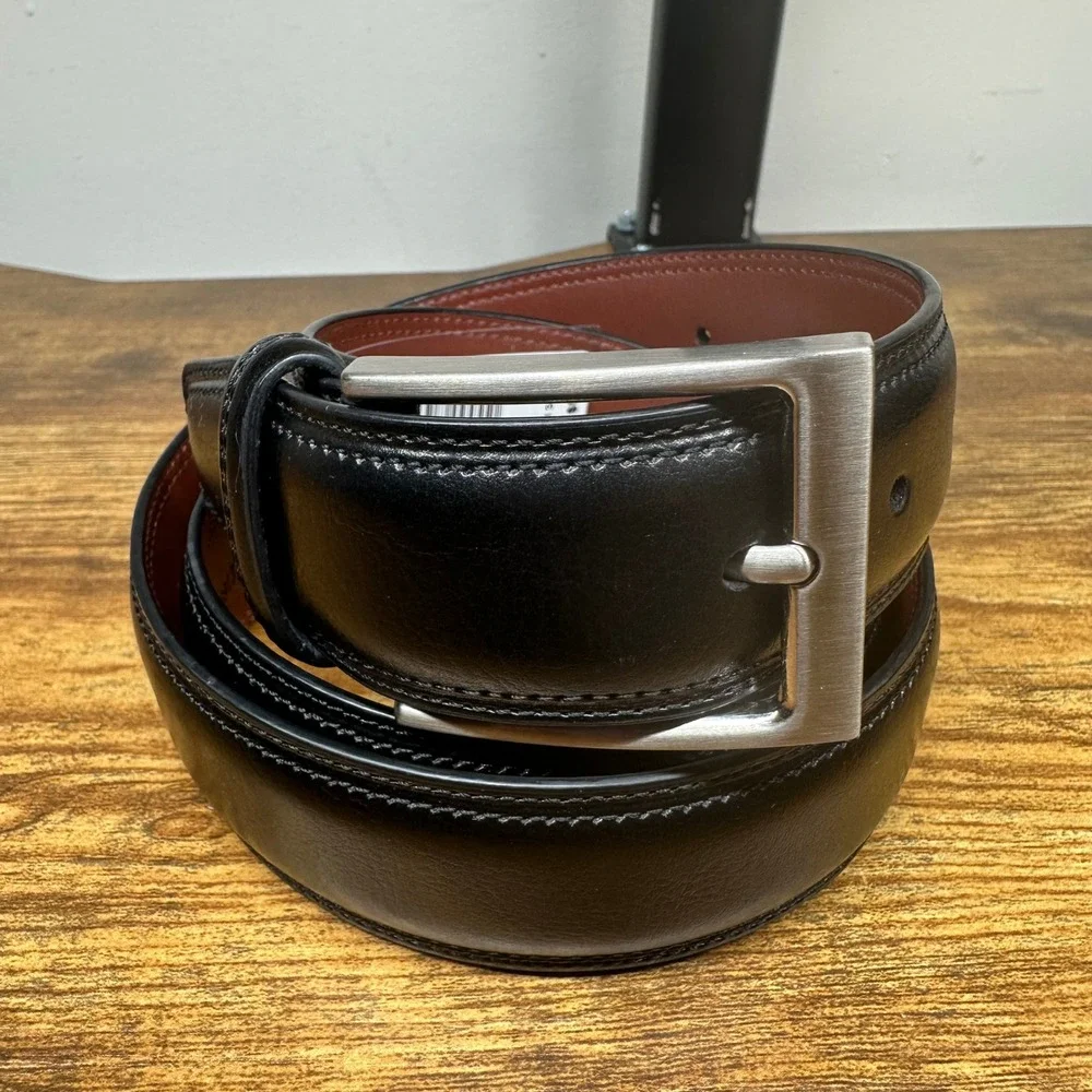 NEW Perry Ellis Mens Black Bonded Leather Belt Satin Nickel Buckle 34-36 1P36913